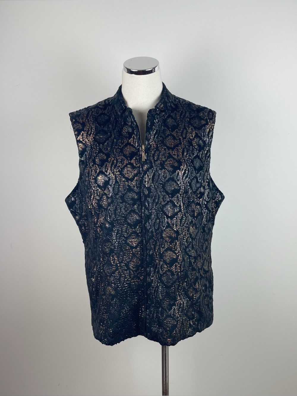 Erin Black Gold Brown Snake Print Animal Full Zip Vest Women Large Comfort